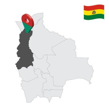 Bolivya haritasındaki La Paz Bölümü. La Paz 'ın bayrağına benzer 3 boyutlu bir işaret. Tasarımınız için Bolivya departmanlarının kalite haritası. EPS10