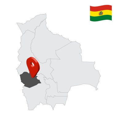 Bolivya haritasında Oruro Bölümü. 3D konum işareti Oruro bayrağına benziyor. Tasarımınız için Bolivya departmanlarının kalite haritası. EPS10