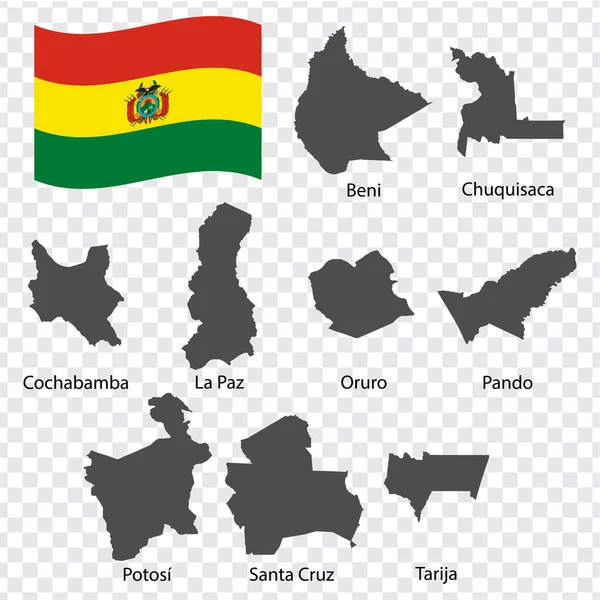 Nueve Departamentos Mapas Bolivia Orden Alfabético Con Nombre Cada Mapa — Vector de stock