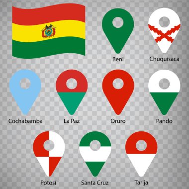 Bolivya departmanlarında dokuz bayrak var. İsimli alfabetik sıra. Bolivya 'nın bayraklarındaki gibi 2D konum belirleme işaretleri. Tasarımınız için 92d yer belirleme işareti. EPS10