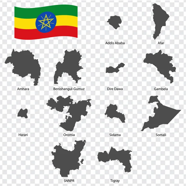 Etiyopya Nın Haritası Simli Alfabetik Sıralama Bölgelerin Her Bir Haritası — Stok Vektör