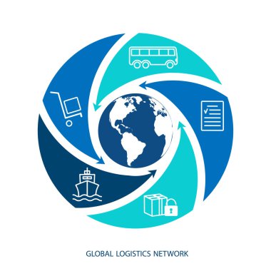 Global logistics network. Map global logistics partnership connection in blue.  White similar world map and logistics icons for your design.   EPS10.