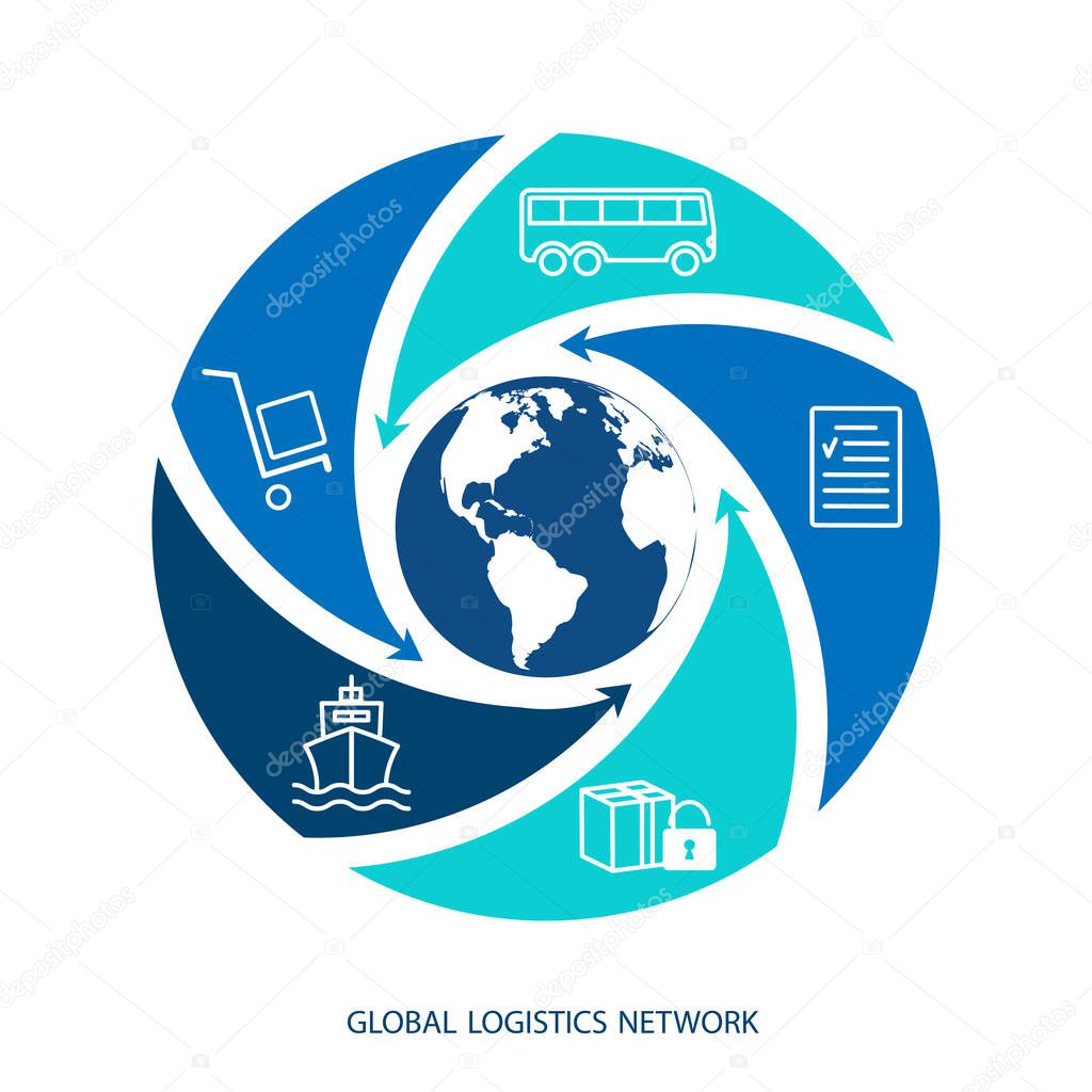 Global logistics network. Map global logistics partnership connection in blue.  White similar world map and logistics icons for your design.   EPS10.