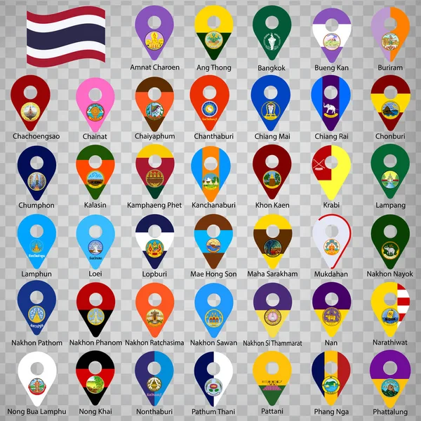 Forty Flags Provinces Thailand Alphabetical Order Name Set Geolocation Signs — ストックベクタ