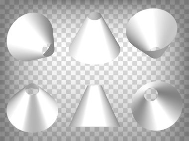 Şeffaf arkaplanda 3 boyutlu perspektif projeksiyonları 3 boyutlu koni model simgeleri seti. 3 boyutlu oyulmuş koni. Web sitenizin tasarımı, uygulaması ve UI için grafik elementlerin soyut konsepti. EPS 10