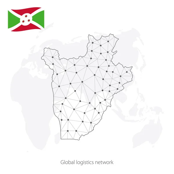 全球物流网络概念 通信网络将布隆迪地图绘制在世界地图上 用多边形和旗子绘制带有节点的布隆迪共和国地图 Eps10 — 图库矢量图片
