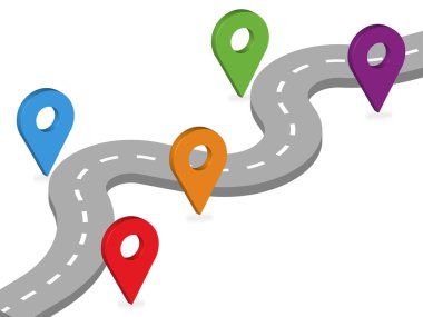 Küresel lojistik ağı kavramı. Beyaz arka planda beş coğrafi konum simgesi olan gri yol. Web sitesi tasarımınız için lojistik şablon, logo, uygulama, UI. Üç boyutlu. Vektör illüstrasyonu EPS10.