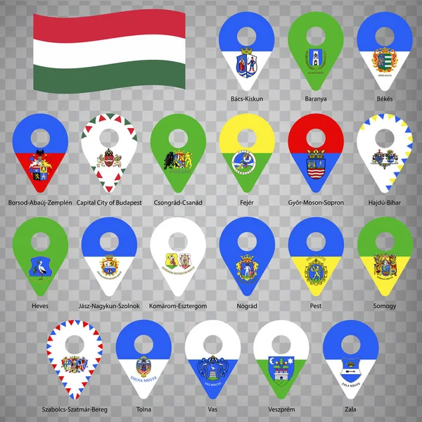 Venti Bandiere Regioni Dell Ungheria Ordine Alfabetico Con Nome Serie — Vettoriale Stock