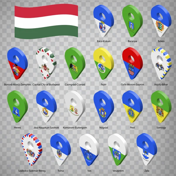 Zwanzig Flaggen Der Regionen Ungarns Alphabetische Reihenfolge Mit Namen Eine — Stockvektor