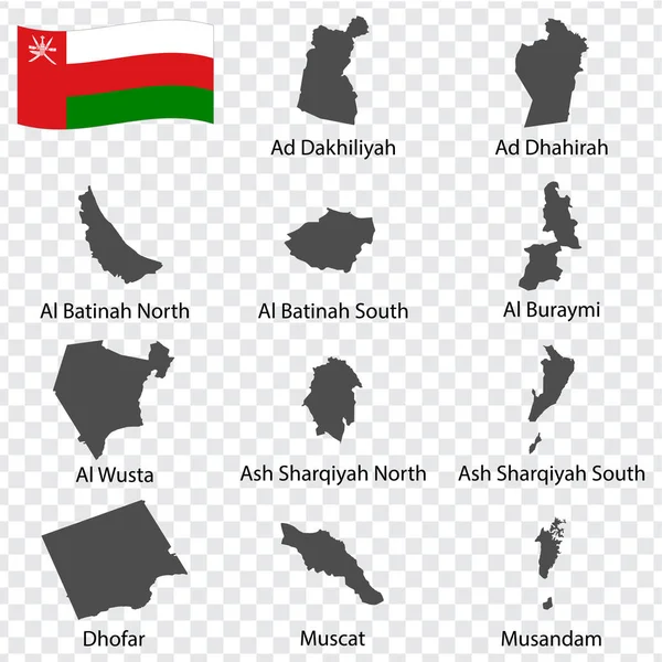 Dodici Governatorati Delle Mappe Dell Oman Ordine Alfabetico Con Nome — Vettoriale Stock