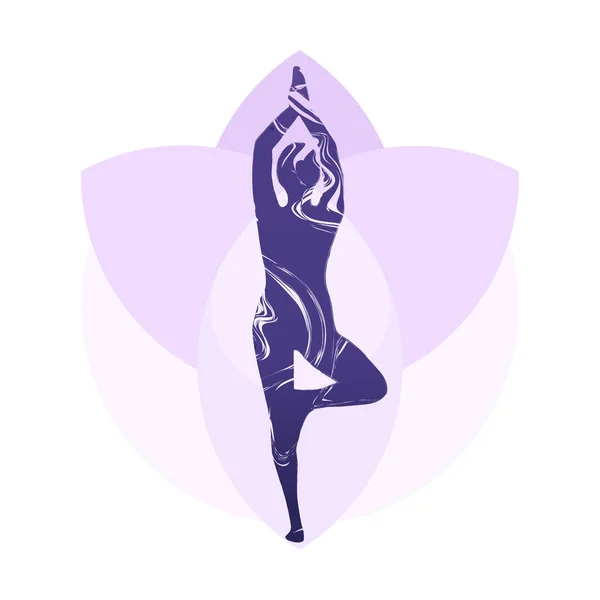 Etiqueta Yoga Aislada Con Pose Árbol Flor Loto Silueta Mujer — Vector de stock