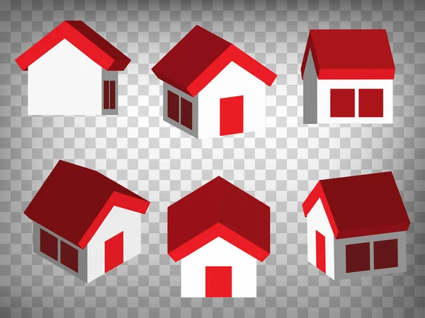 一组抽象的3D房屋图标 3D型房子 有红色屋顶和窗户 房屋3D图标插图与不同的观点和角度 设计中图形元素的抽象概念 — 图库矢量图片