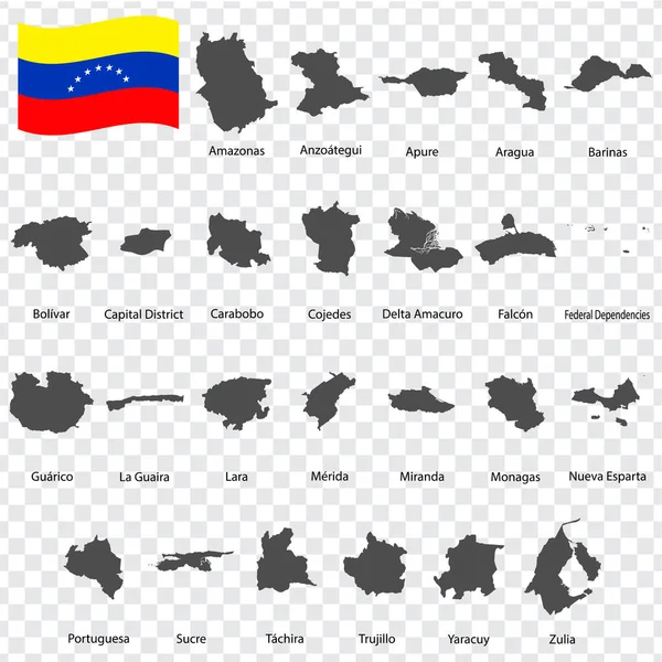 Venezüella Nın Harita Bölümü Simli Alfabetik Sıra Eyaletin Her Bir — Stok Vektör