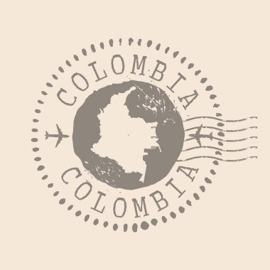 Kolombiya Posta Damgası. Siluet haritası, lastik mühür. Retro Seyahat Tasarımı. Tasarımınız için Kolombiya Haritasının Mührü grunge. EPS10.
