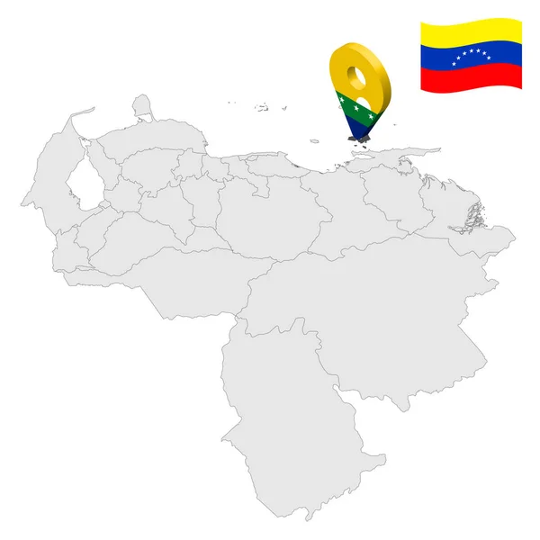 位于委内瑞拉地图上的新埃斯帕塔州 3D位置标志与Nueva Esparta国旗相似 为您的设计与委内瑞拉各地区的质量地图 Eps10 — 图库矢量图片