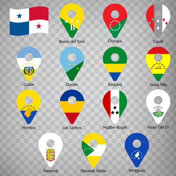 Fourteen Flags Provinces Panama Alphabetical Order Name Set Geolocation Signs — Stockvektor