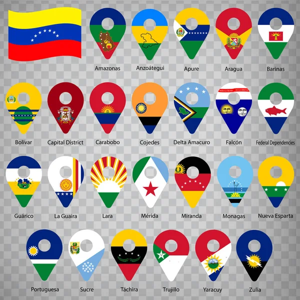 Dwadzieścia Pięć Flag Wenezueli Kolejność Alfabetyczna Nazwą Zestaw Znaków Geolokalizacji — Wektor stockowy
