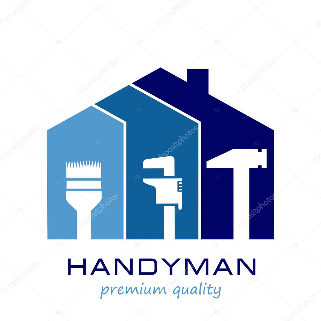 Handyman Service Logo Template Design.  Vector graphics for fixing, plumbing, renovation tools in trendy line style.  Silhouette Home with brush, wrench, hammer. EPS10.
