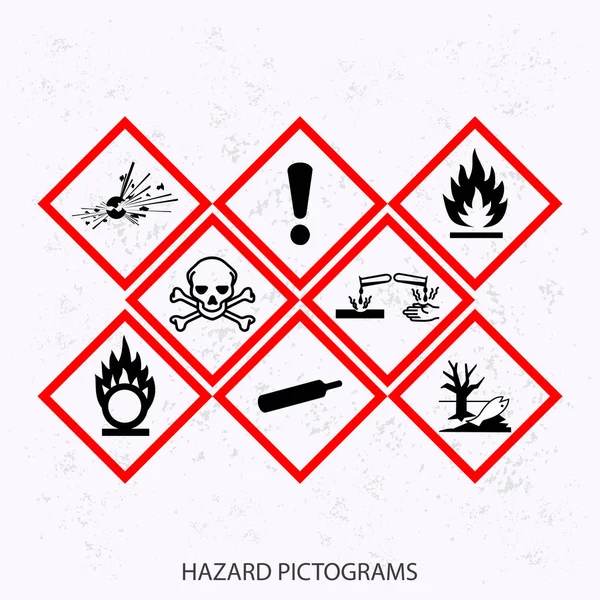 Vektör grunge arka planında bir takım tehlikeler. Küresel Uyumlu Sistem - Orijinal Pictogram. Patlayıcı madde, yanıcı madde, aşındırıcı madde. EPS10.