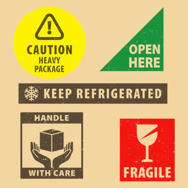 Kırılgan çıkartmalar buzdolabında kalsın ve kutu simgesi ambalaj sembollerini imzalayın, burayı açın ve karton arka planda ağır paket kauçuk damgası uyarısı yapın. Pakette kullan.