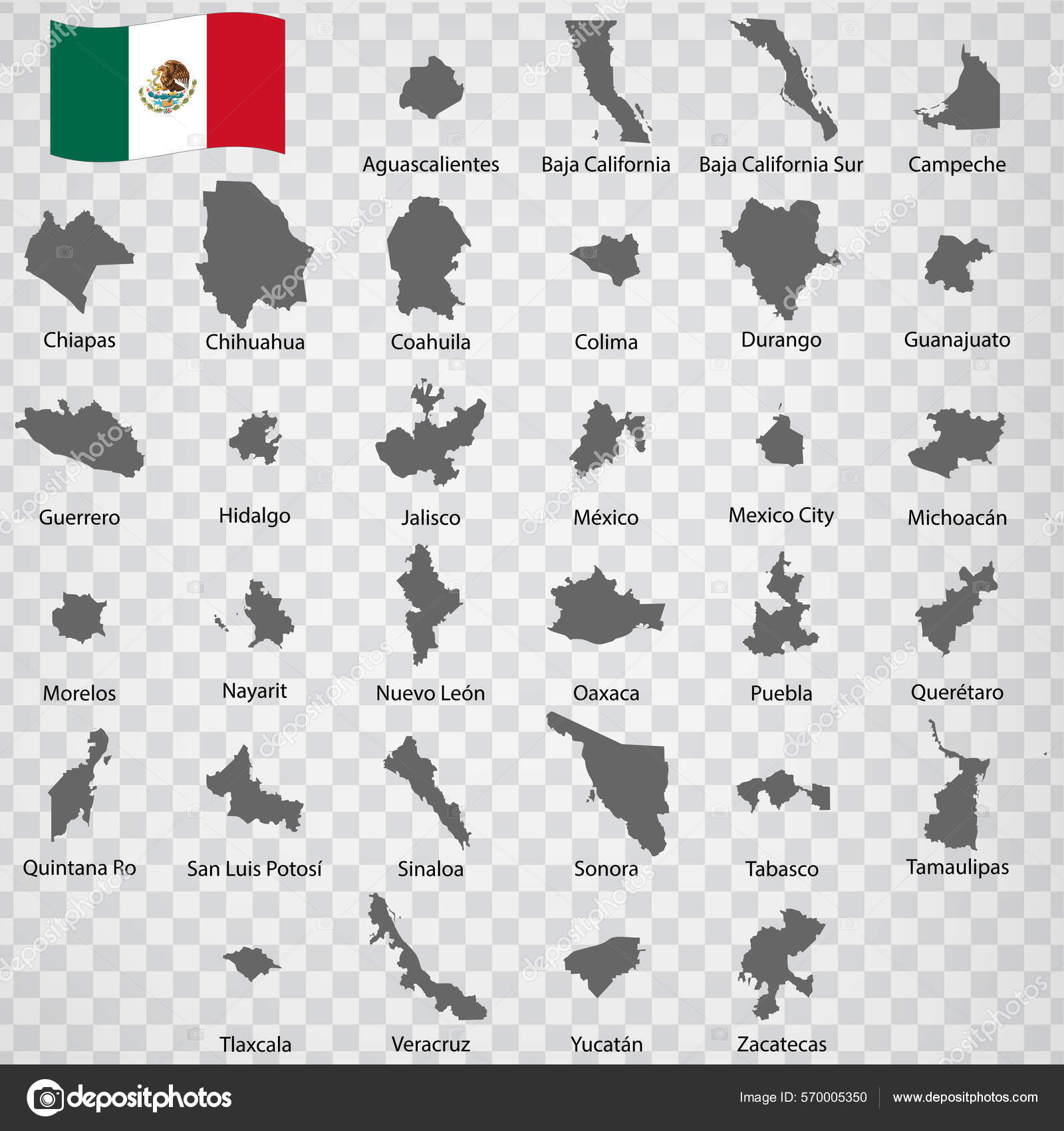 メキシコの32の地図 名前とアルファベット順に 州のすべての地図が記載されており 単語やタイトルで隔離されています メキシコ系アメリカ人 Eps  ストックベクター ©karinanh 570005350, image size:1600x1700
