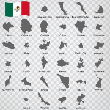 Thirty two Maps  of Mexico - alphabetical order with name. Every single map of States are listed and isolated with wordings and titles. United Mexican States. EPS 10. clipart