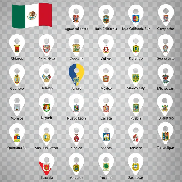 メキシコの32の国旗 アルファベット順に名前が書かれています メキシコの旗のような2番目の地理的標識のセット 32個の2次元位置情報がデザインのために表示されます Eps10 — ストックベクタ