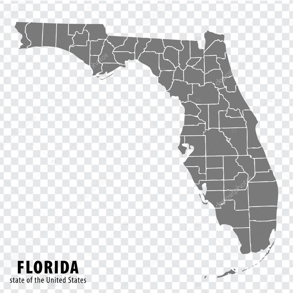 State of Florida map on transparent background. Blank map of  Florida state with  regions in gray for your web site design, logo, app, UI. USA. EPS10.