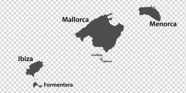 Leere Karte Balearen Grau Jede Inselkarte Ist Mit Titeln Versehen — Stockvektor