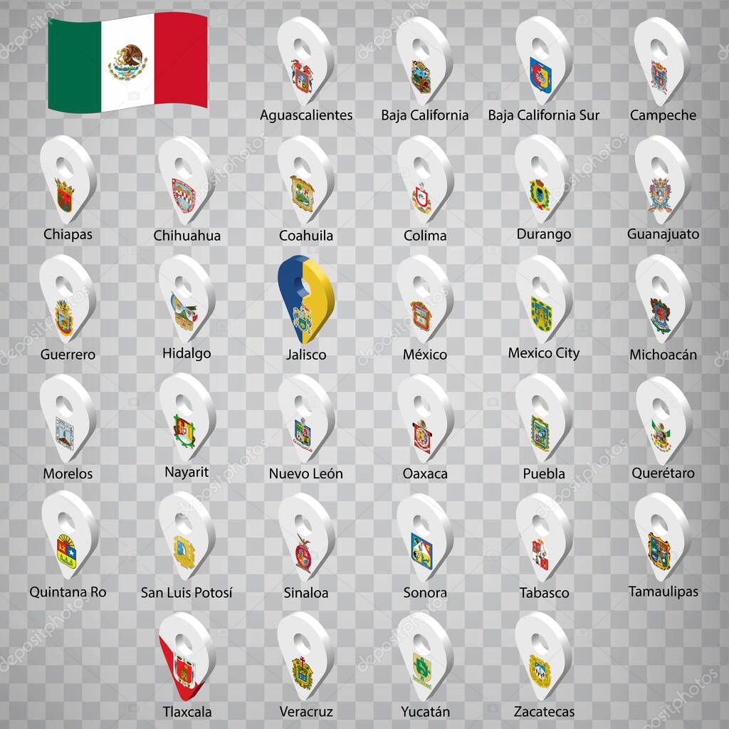 Thirty two flags the States of Mexico -  alphabetical order with name.  Set of 3d geolocation signs like flags States of Mexico. Thirty two  3d geolocation signs for your design. EPS10