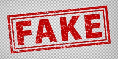 Şeffaf arkaplanda sahte pul tasarımı. Kırmızılı sahte kelimeyle Grunge kauçuk damgası. Düz dizayn. Vektör illüstrasyonu EPS10. 