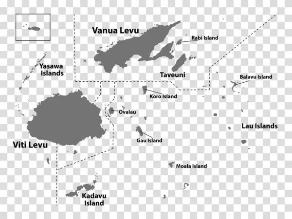 フィジーを灰色で地図 すべての島の地図はタイトルが付いています あなたのデザインのための透明な背景に地区とフィジーの高品質の地図 オセアニアだ Eps10 — ストックベクタ
