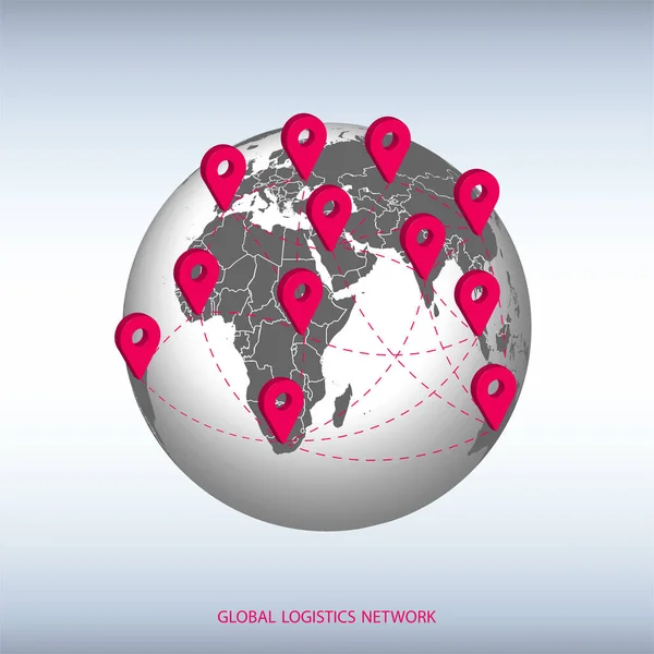 全球物流网络 绘制全球物流伙伴关系联系图 具有3D粉色地理定位标志和地球仪的全球物流网络的概念 Eps10 — 图库矢量图片