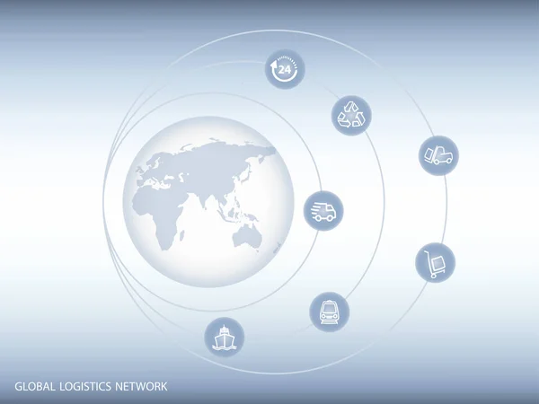 Rede Logística Global Mapa Conexão Parceria Logística Global Ícones Globo — Vetor de Stock