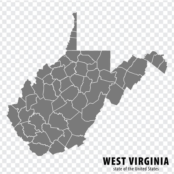 State West Virginia map on transparent background. Blank map of  West Virginia with  regions in gray for your web site design, logo, app, UI. USA. EPS10.