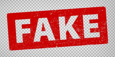 Şeffaf arkaplanda sahte pul tasarımı. Kırmızılı sahte kelimeyle Grunge kauçuk damgası. Düz dizayn. Vektör illüstrasyonu EPS10.