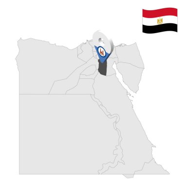 Mısır haritasında Kahire Valiliği. 3D işareti Kahire bayrağına benziyor. Tasarımınız için Mısır vilayetleriyle kaliteli bir harita. EPS10