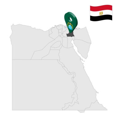 Yerleşim yeri Mısır haritasında İsmail Valiliği. İsmailia bayrağına benzeyen 3D işaret. Tasarımınız için Mısır vilayetleriyle kaliteli bir harita. EPS10