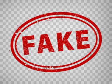 Şeffaf arkaplanda sahte pul tasarımı. Kırmızılı sahte yazıyla Grunge lastik elips damgası. Düz dizayn. Vektör illüstrasyonu EPS10. 