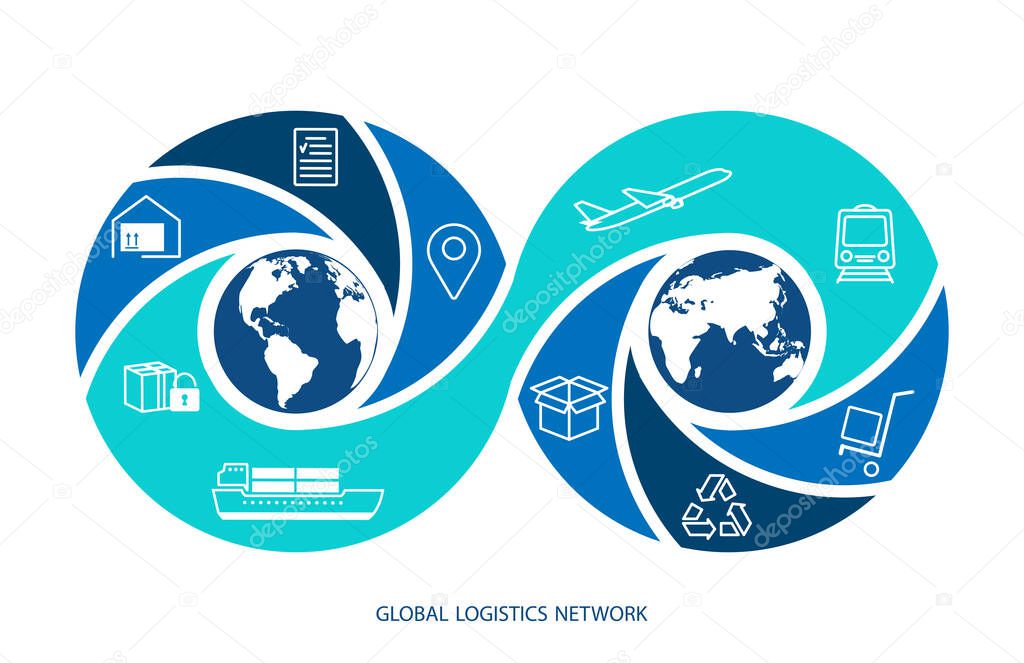 Global logistics network. Map global logistics partnership connection in blue. Infinity concept.  White similar world map and logistics icons for your design.  EPS10.