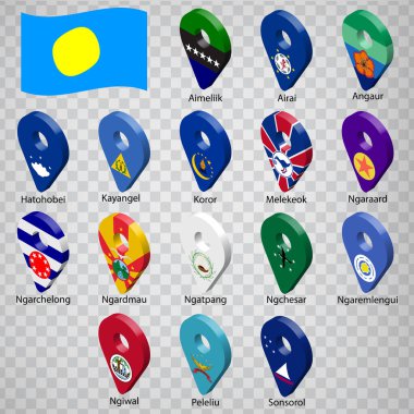 Sixteen flags the States of  Palau -  alphabetical order with name.  Set of 3d geolocation signs like flags States of  Palau.  Sixteen 3d geolocation signs for your design. EPS10