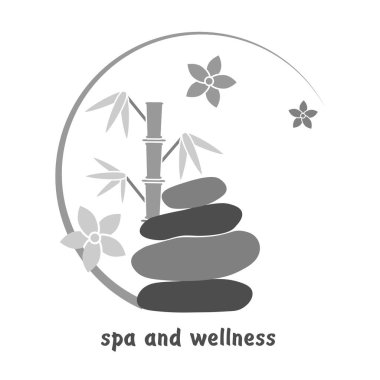 Gri kaplıca ve sağlık logosu. Spa tasarımı için bambu ve taşlar. Masaj için taşlar. Çin masajı, Tayland masajı. Sağlık masajı. Rahatlama. Tasarımın için vektör. EPS10.
