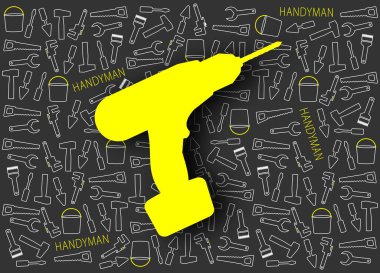 Siyah arka planda tamirci aletleri deseni var. Moda tarzında tamir, tesisat ve yenileme araçları için vektör grafikleri. Gölgeli sarı matkap. EPS10.