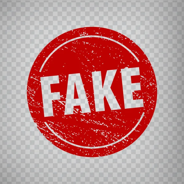 Şeffaf arkaplanda sahte mühür tasarımı. Kırmızılı sahte kelimeyle Grunge kauçuk damgası. Düz dizayn. Vektör illüstrasyonu EPS10.
