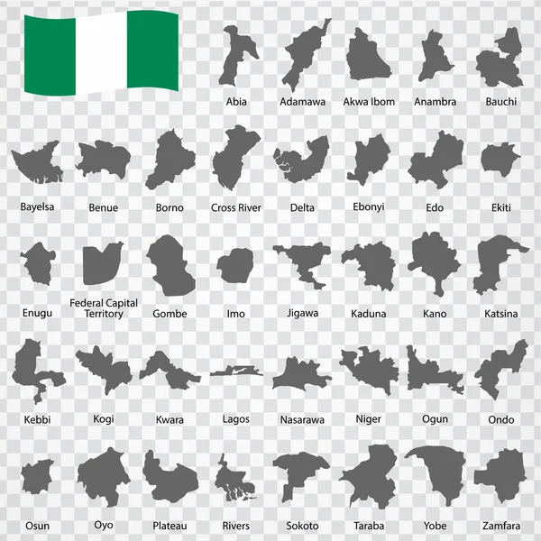 Trzydzieści Siedem Prowincji Mapy Nigerii Kolejność Alfabetyczna Nazwą Każda Mapa — Wektor stockowy