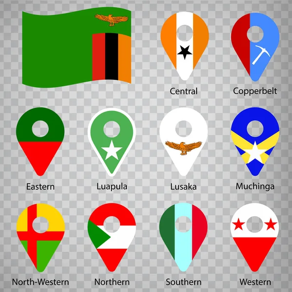 Diez Banderas Las Provincias Zambia Orden Alfabético Con Nombre Conjunto — Vector de stock