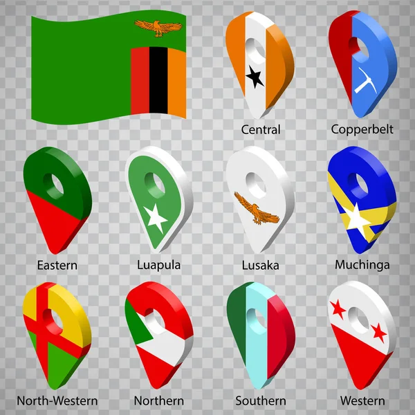 Dziesięć Flag Prowincji Zambia Kolejność Alfabetyczna Nazwą Zestaw Znaków Geolokalizacji — Wektor stockowy