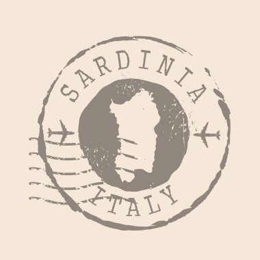 Sardunya pulu. Siluet haritası, lastik mühür. Retro Seyahat Tasarımı. İtalya 'nın Sardunya Haritasını mühürle. EPS10