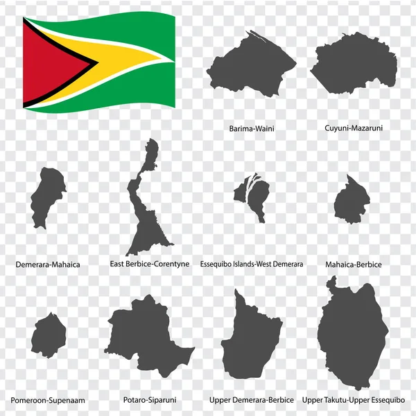 Dez Mapas Guiana Ordem Alfabética Com Nome Cada Mapa Das —  Vetores de Stock