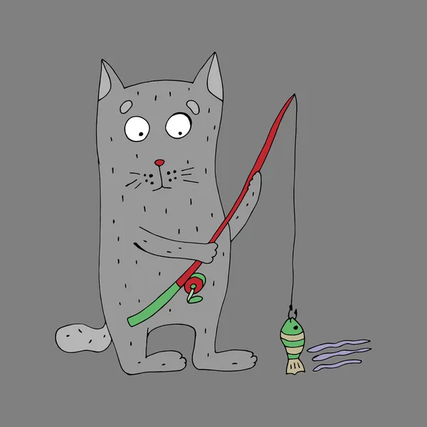 Le chat pêche avec une ligne. — Image vectorielle
